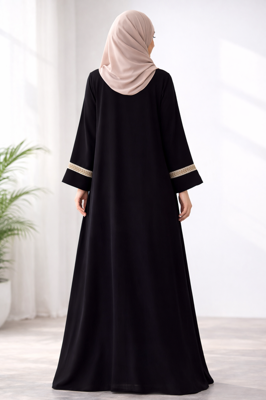 Luxury Black Abaya with Gold Border Detailing – Elegant Minimalist Modest Wear for Women