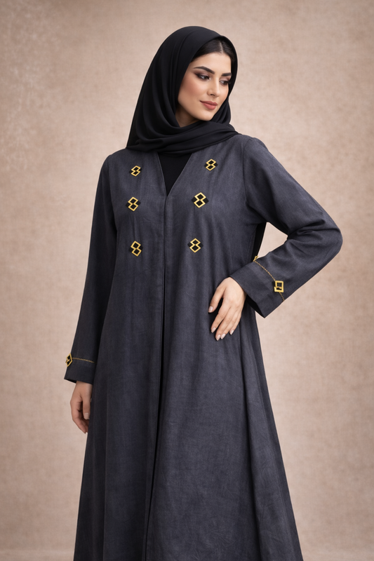 Luxury Charcoal Grey Abaya with Gold Embellishments – Elegant Modest Wear for Women