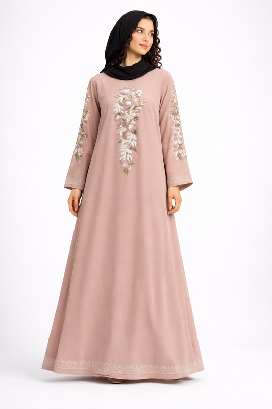 Blush Pink Embroidered Abaya for Women | Elegant Floral Modest Wear