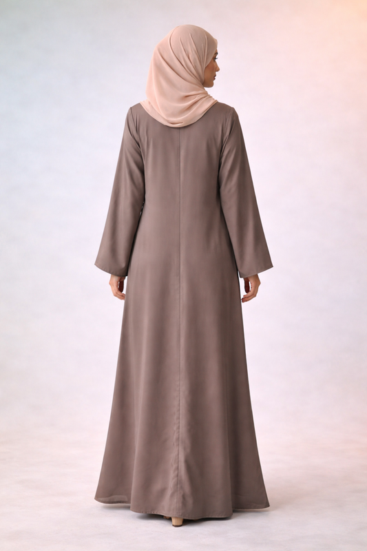 Taupe Grey Embroidered Front-Open Abaya – Elegant Designer Modest Wear