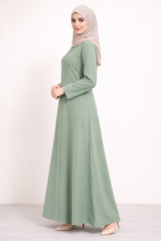 Elegant Sage Green Embroidered Abaya with Matching Hijab