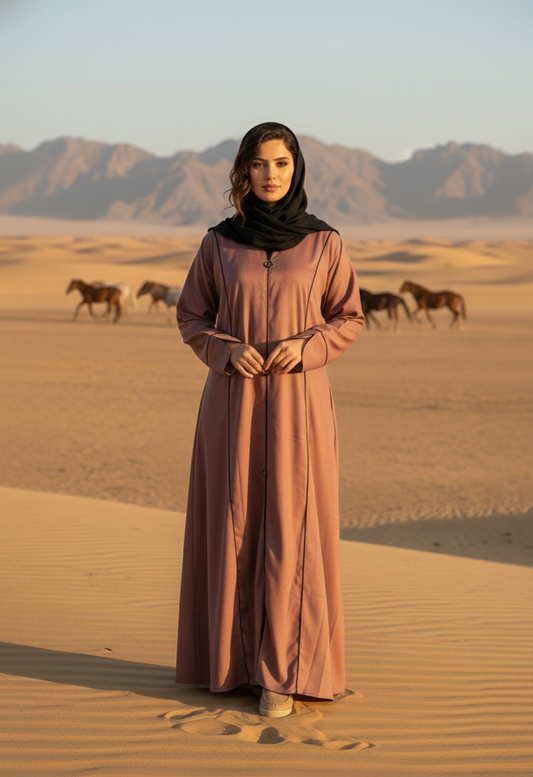 Dusty Rose Flowing Abaya with Contrast Black Trim
