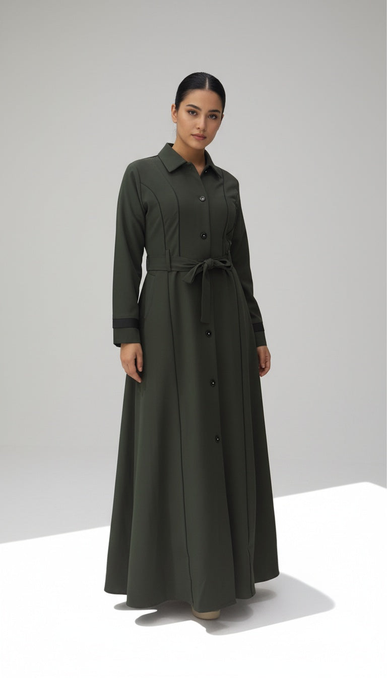 Olive Green Button-Down Abaya with Waist Tie Belt