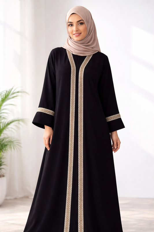 Luxury Black Abaya with Gold Border Detailing – Elegant Minimalist Modest Wear for Women