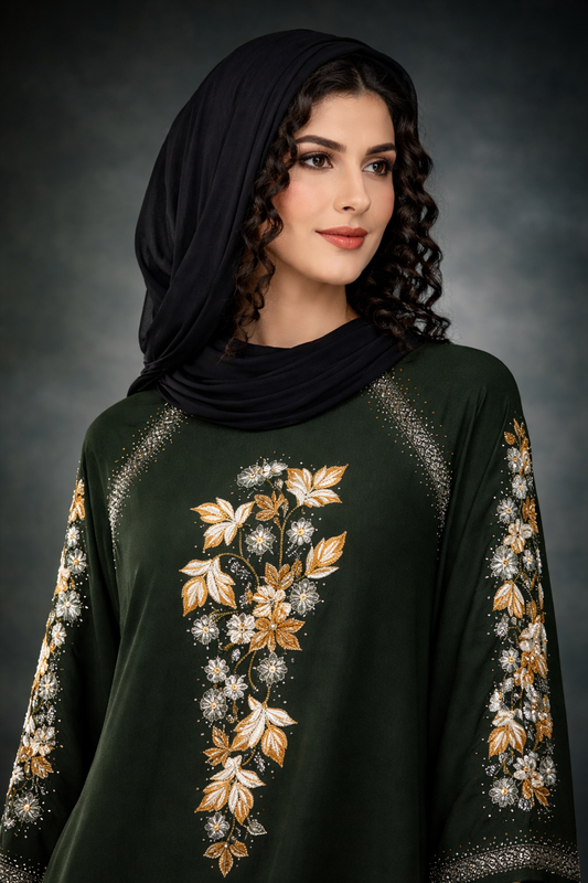 Luxury Dark Green Embroidered Abaya with Gold Floral Work – Elegant Modest Wear for Women