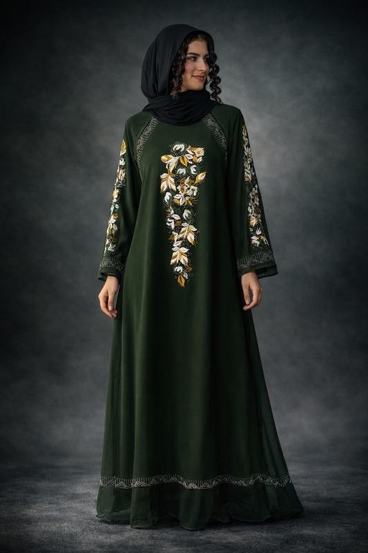 Luxury Dark Green Embroidered Abaya with Gold Floral Work – Elegant Modest Wear for Women