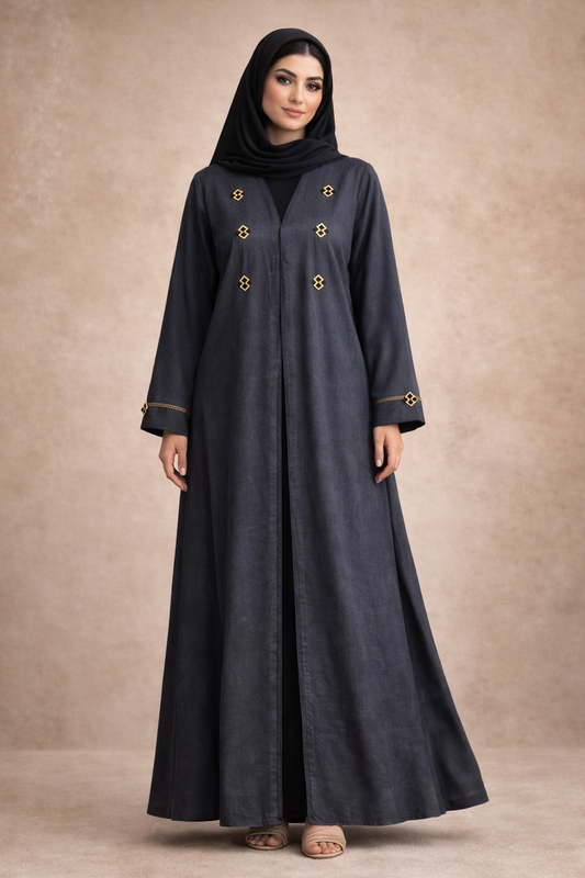 Luxury Charcoal Grey Abaya with Gold Embellishments – Elegant Modest Wear for Women