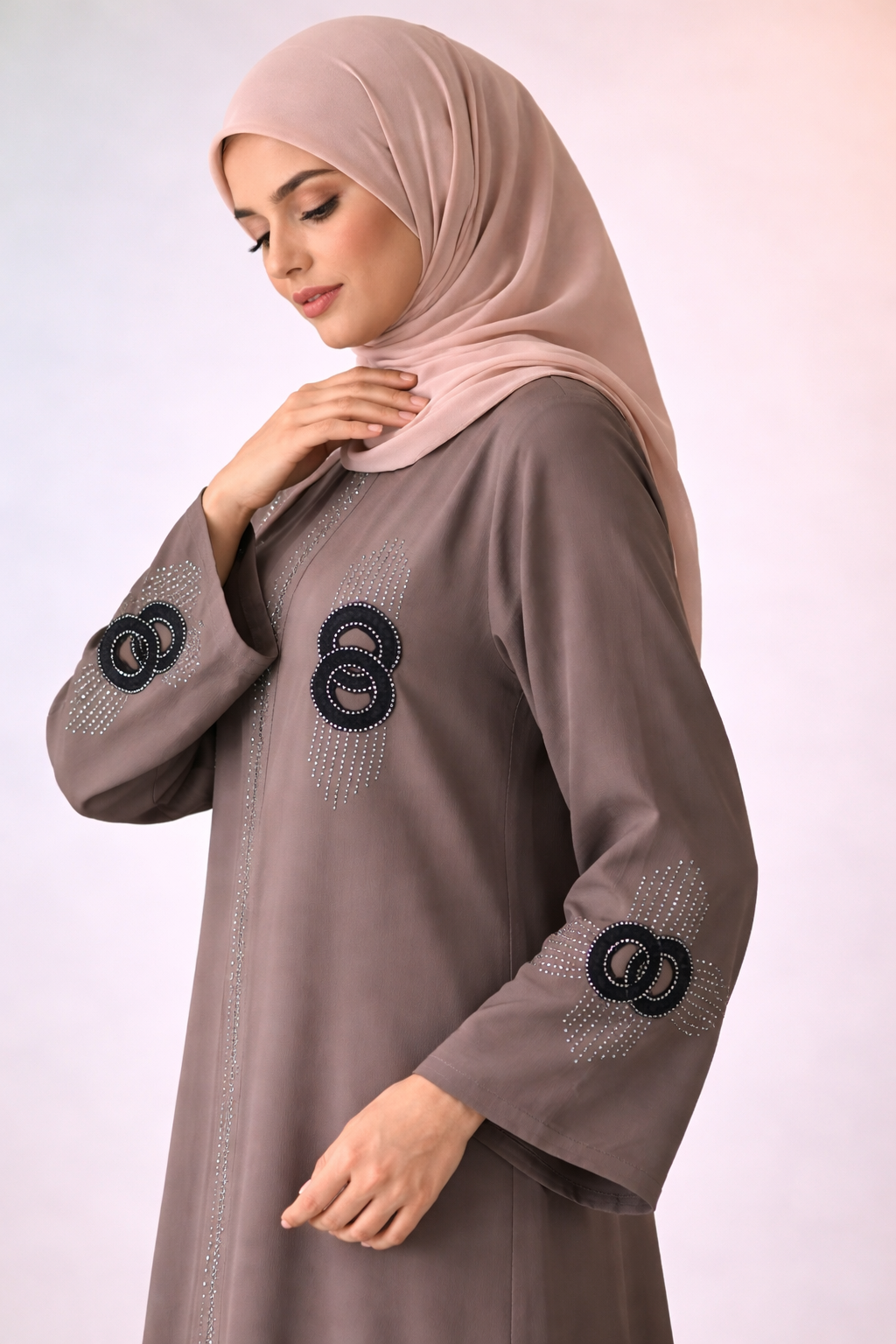 Taupe Grey Embroidered Front-Open Abaya – Elegant Designer Modest Wear