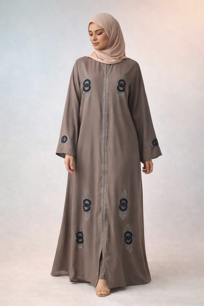 Taupe Grey Embroidered Front-Open Abaya – Elegant Designer Modest Wear