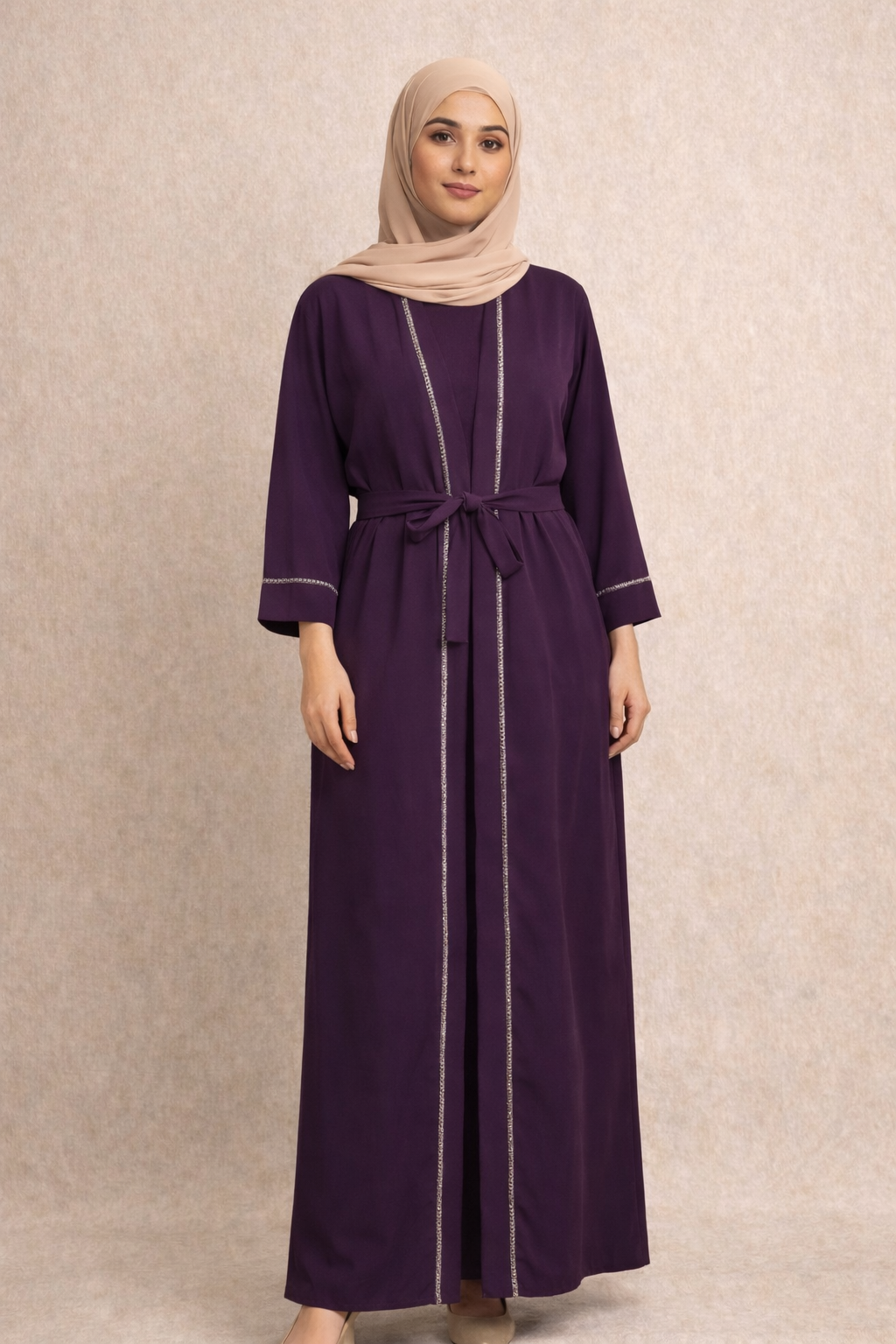 Regal Deep Purple Belted Abaya – Modern Silhouette