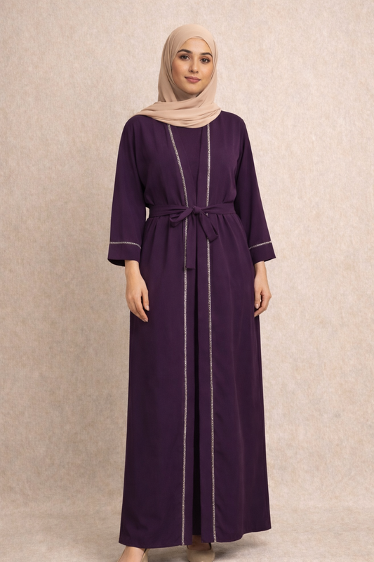 Regal Deep Purple Belted Abaya – Modern Silhouette
