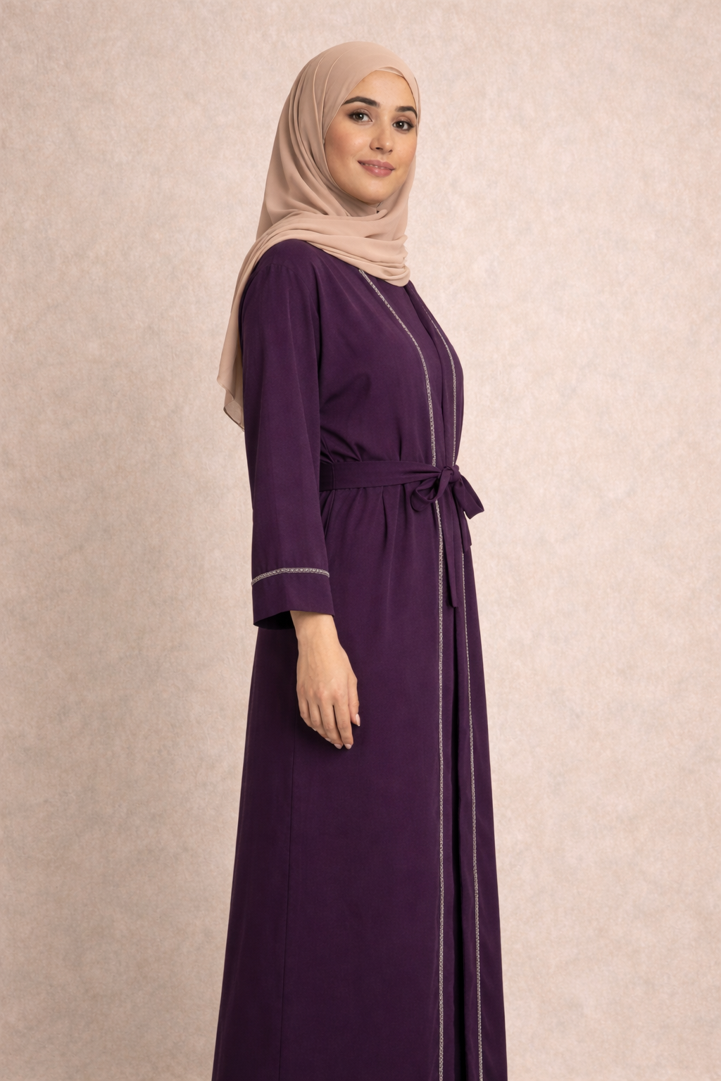 Regal Deep Purple Belted Abaya – Modern Silhouette