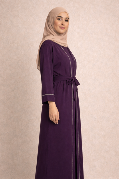 Regal Deep Purple Belted Abaya – Modern Silhouette