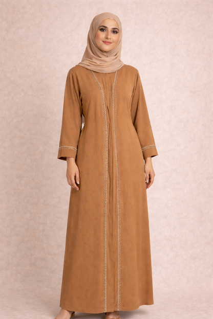 Sophisticated Camel Brown Abaya – Elegant Stitch Detailing