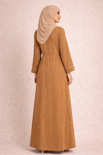Sophisticated Camel Brown Abaya – Elegant Stitch Detailing
