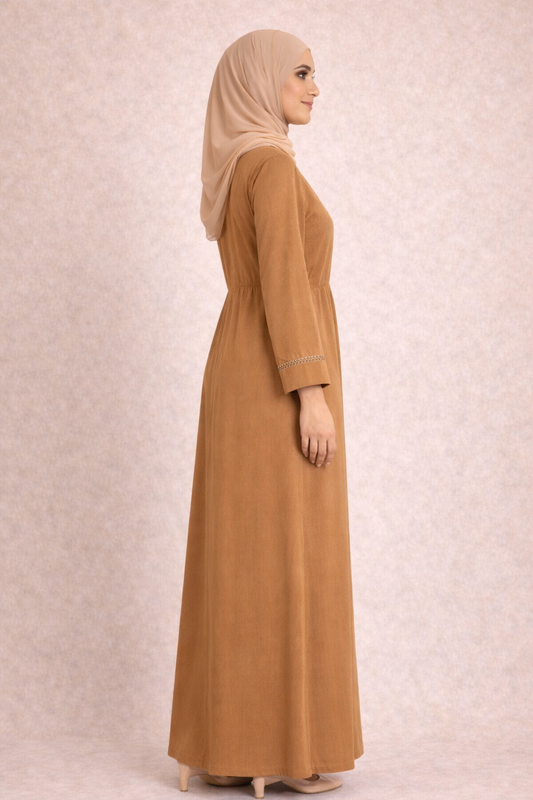 Sophisticated Camel Brown Abaya – Elegant Stitch Detailing