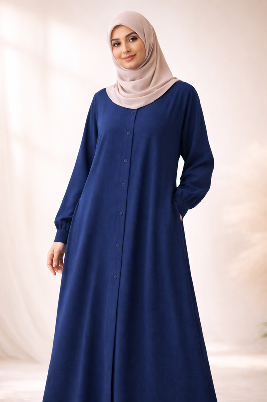 Classic Navy Blue Button-Front Abaya – Minimal & Elegant Everyday Wear