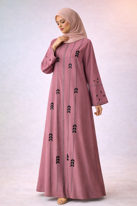Dusty Rose Embroidered Abaya with Vertical Detailing – Elegant Everyday Wear