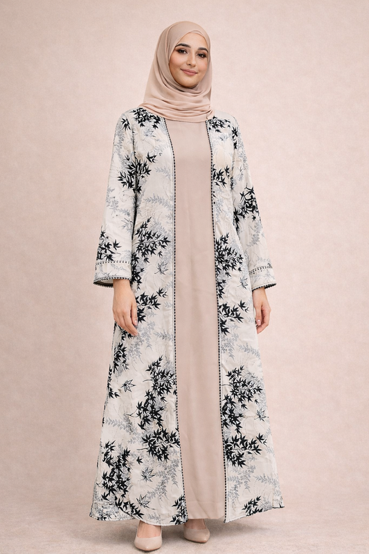 Elegant Floral Printed Open Abaya with Inner Dress