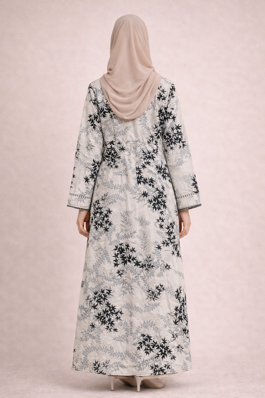 Elegant Floral Printed Open Abaya with Inner Dress