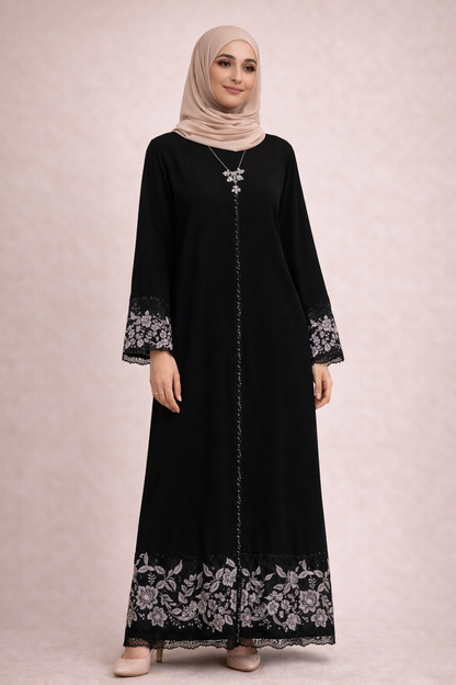 Elegant Black Embroidered Abaya – Floral Lace Detailing