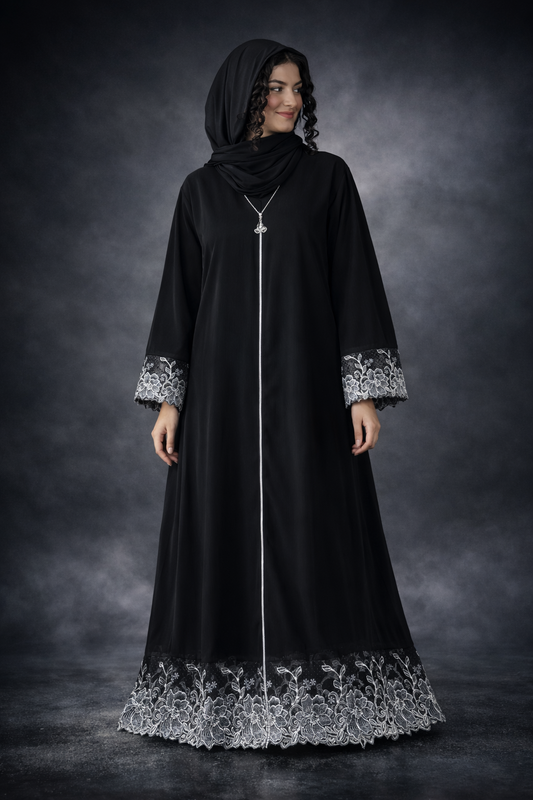Luxury Black Abaya with Silver Floral Lace Embroidery – Elegant Modest Wear for Women