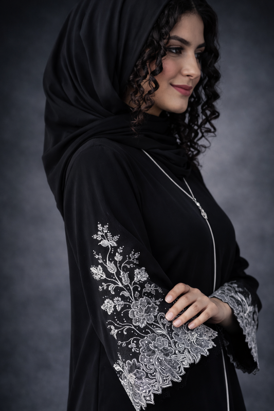 Luxury Black Abaya with Silver Floral Lace Embroidery – Elegant Modest Wear for Women
