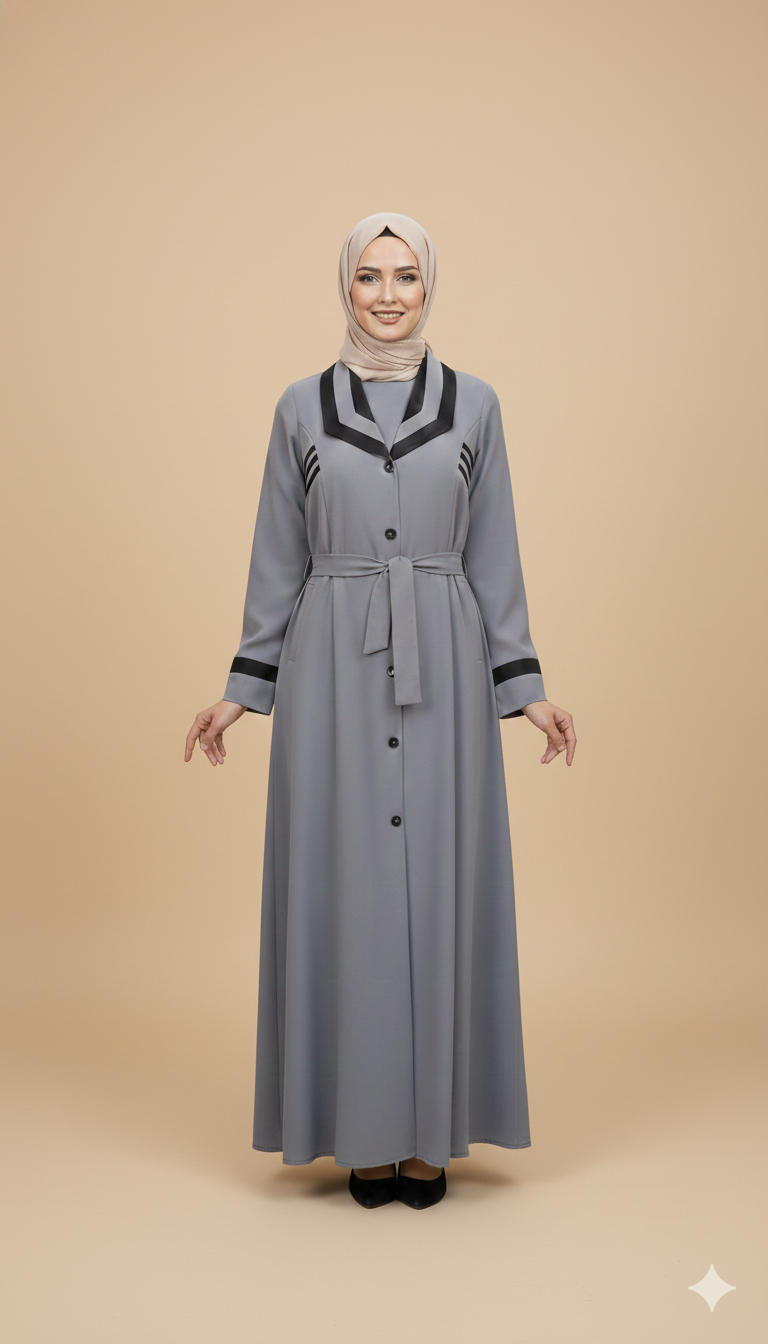 Grey Belted Abaya – Modern Elegance with Contrast Detail