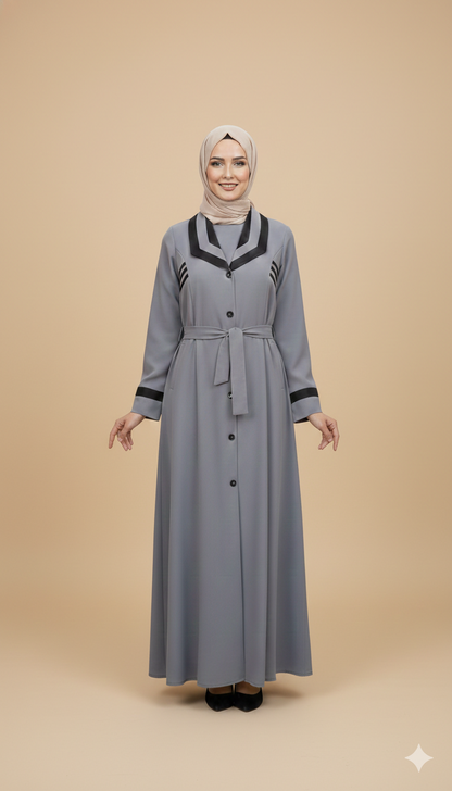 Grey Belted Abaya – Modern Elegance with Contrast Detail