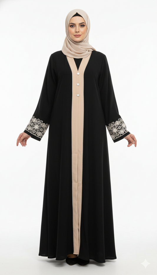 Black Contrast Panel Abaya – Pearl Button Elegance