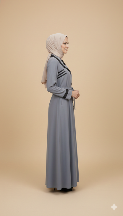 Grey Belted Abaya – Modern Elegance with Contrast Detail
