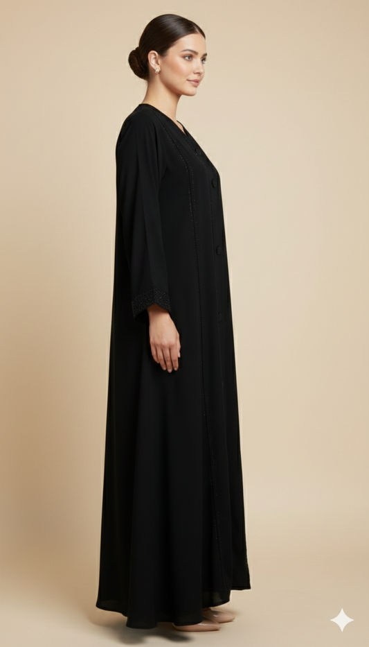 Black Pearl Work Abaya – Timeless Elegance & Grace