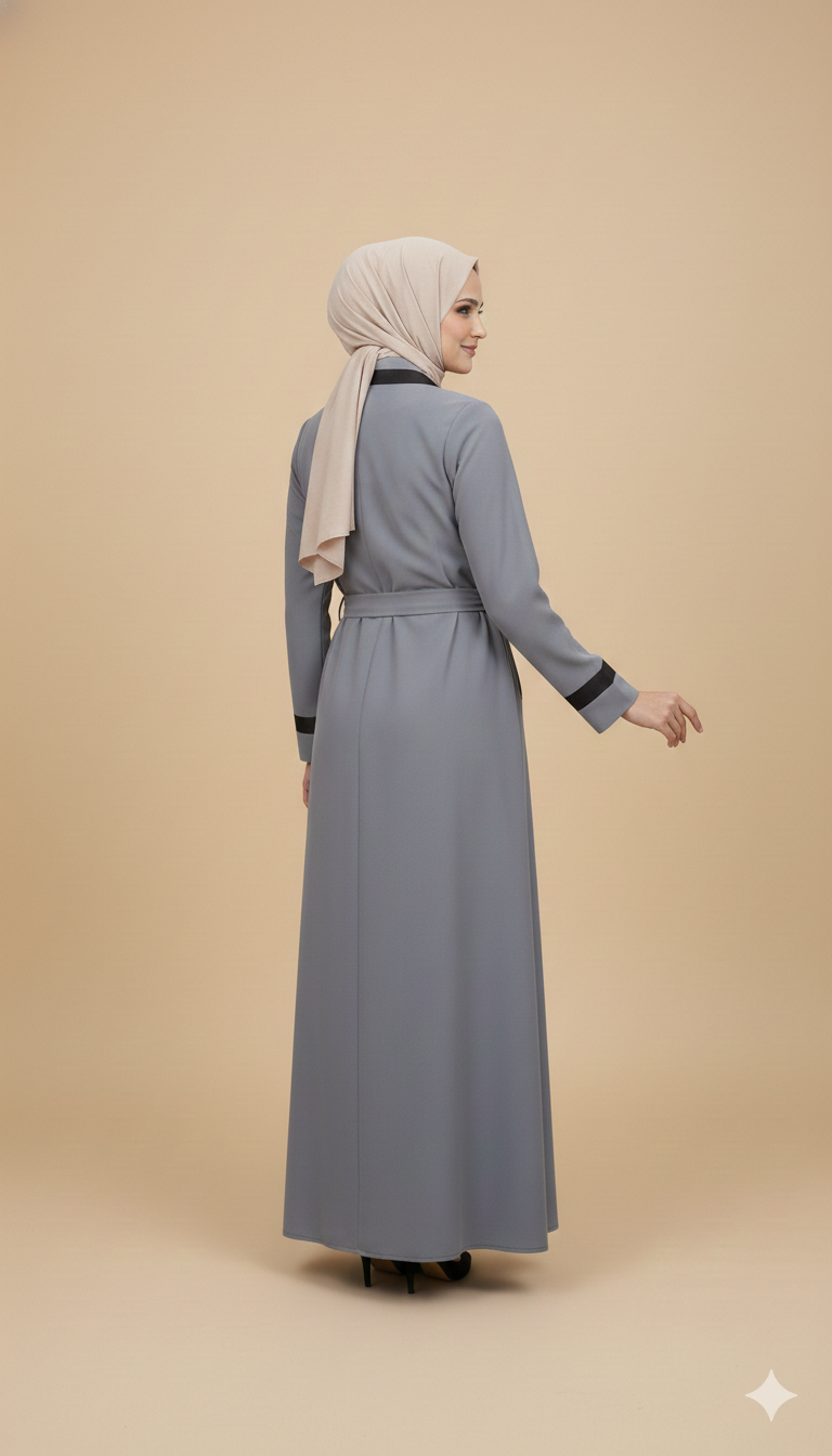 Grey Belted Abaya – Modern Elegance with Contrast Detail