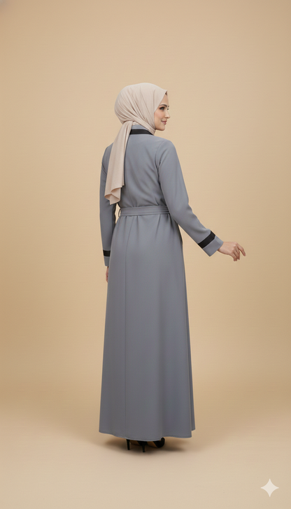 Grey Belted Abaya – Modern Elegance with Contrast Detail