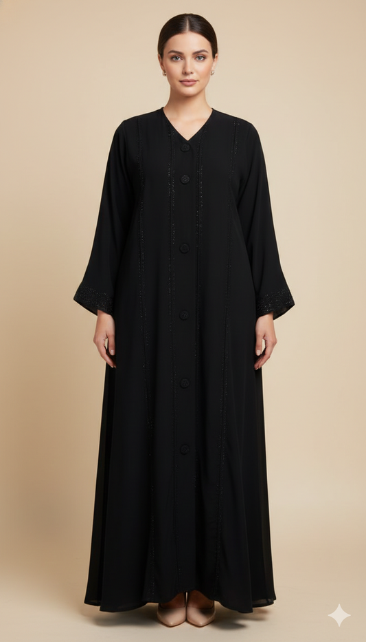 Black Pearl Work Abaya – Timeless Elegance & Grace