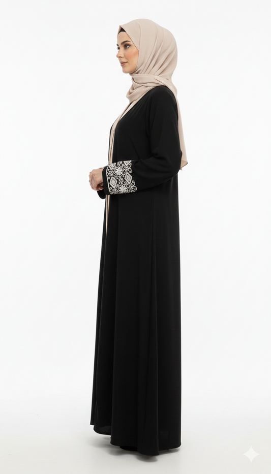 Black Contrast Panel Abaya – Pearl Button Elegance
