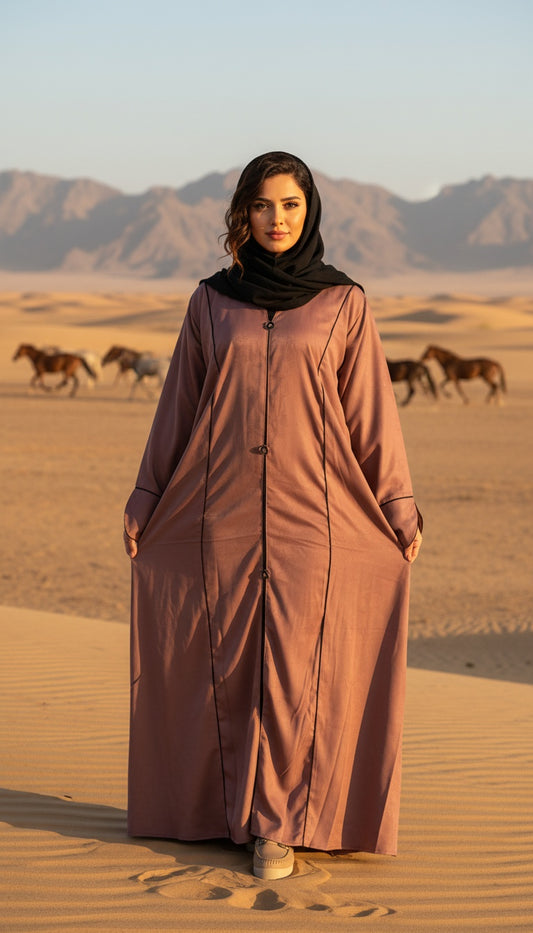 Dusty Rose Flowing Abaya with Contrast Black Trim