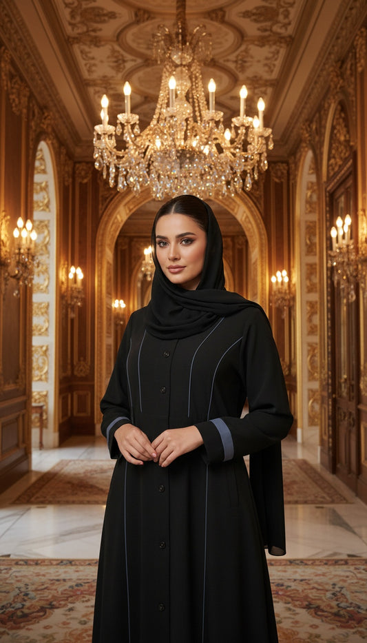 Elegant Black Designer Abaya with Minimal Line Detailing