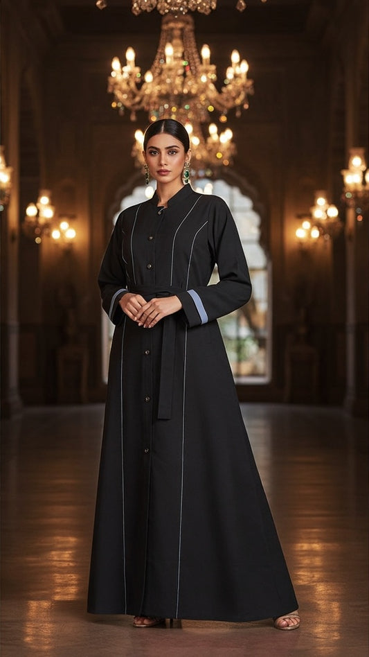 Elegant Black Designer Abaya with Minimal Line Detailing