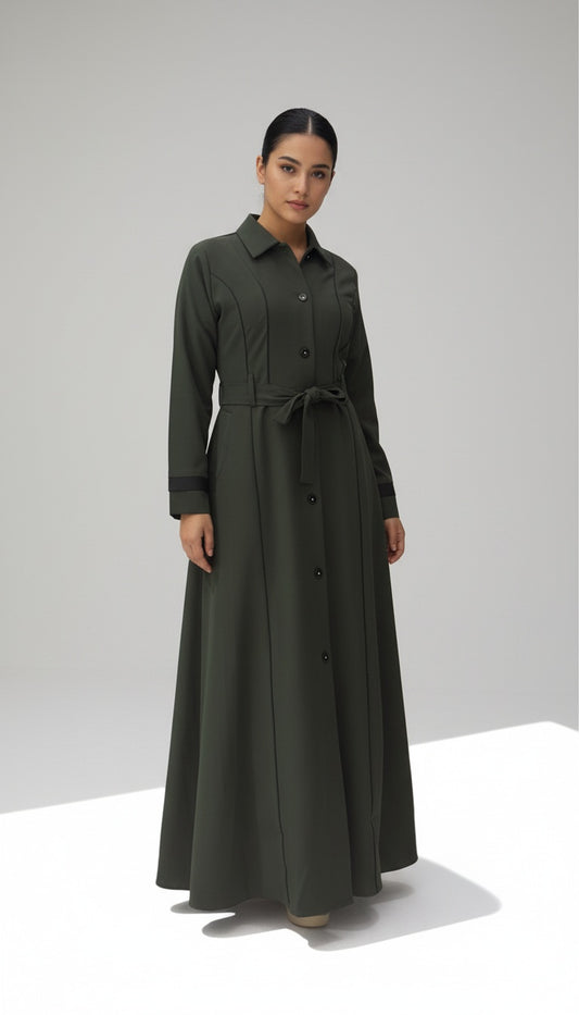 Olive Green Button-Down Abaya with Waist Tie Belt