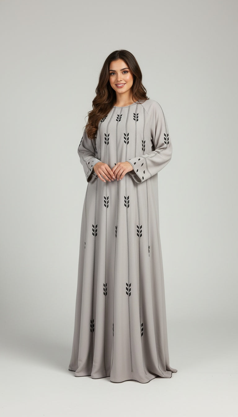 Elegant Grey Abaya with Minimal Embroidered Motifs