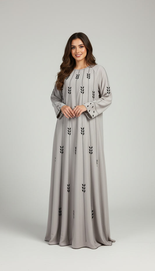 Elegant Grey Abaya with Minimal Embroidered Motifs