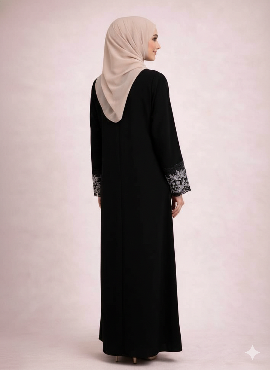 Elegant Black Embroidered Abaya – Floral Lace Detailing