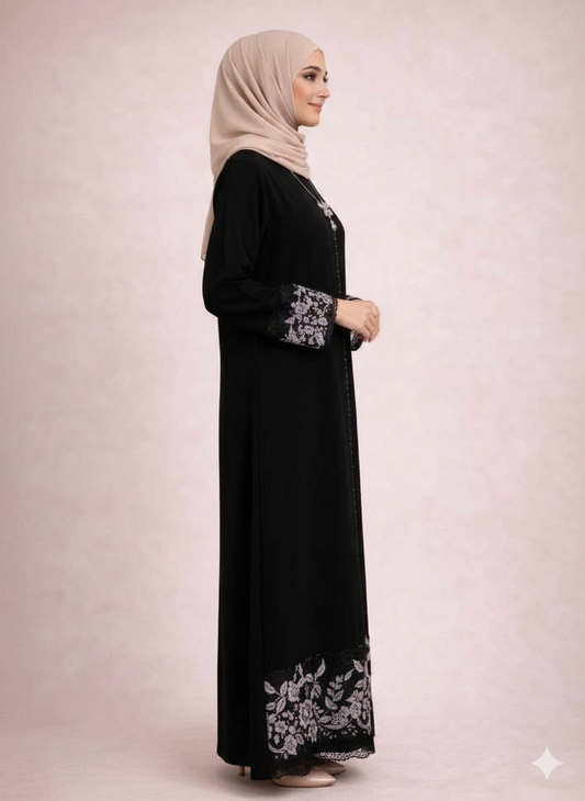 Elegant Black Embroidered Abaya – Floral Lace Detailing