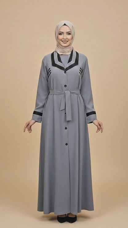 Grey Belted Abaya – Modern Elegance with Contrast Detail
