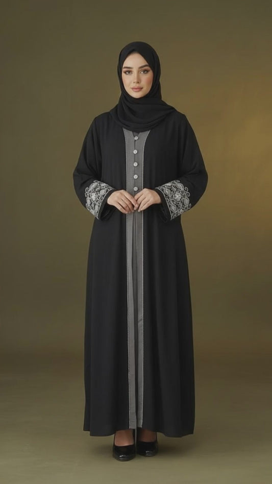 Classic Black Abaya with Silver Panel & Embroidered Cuffs